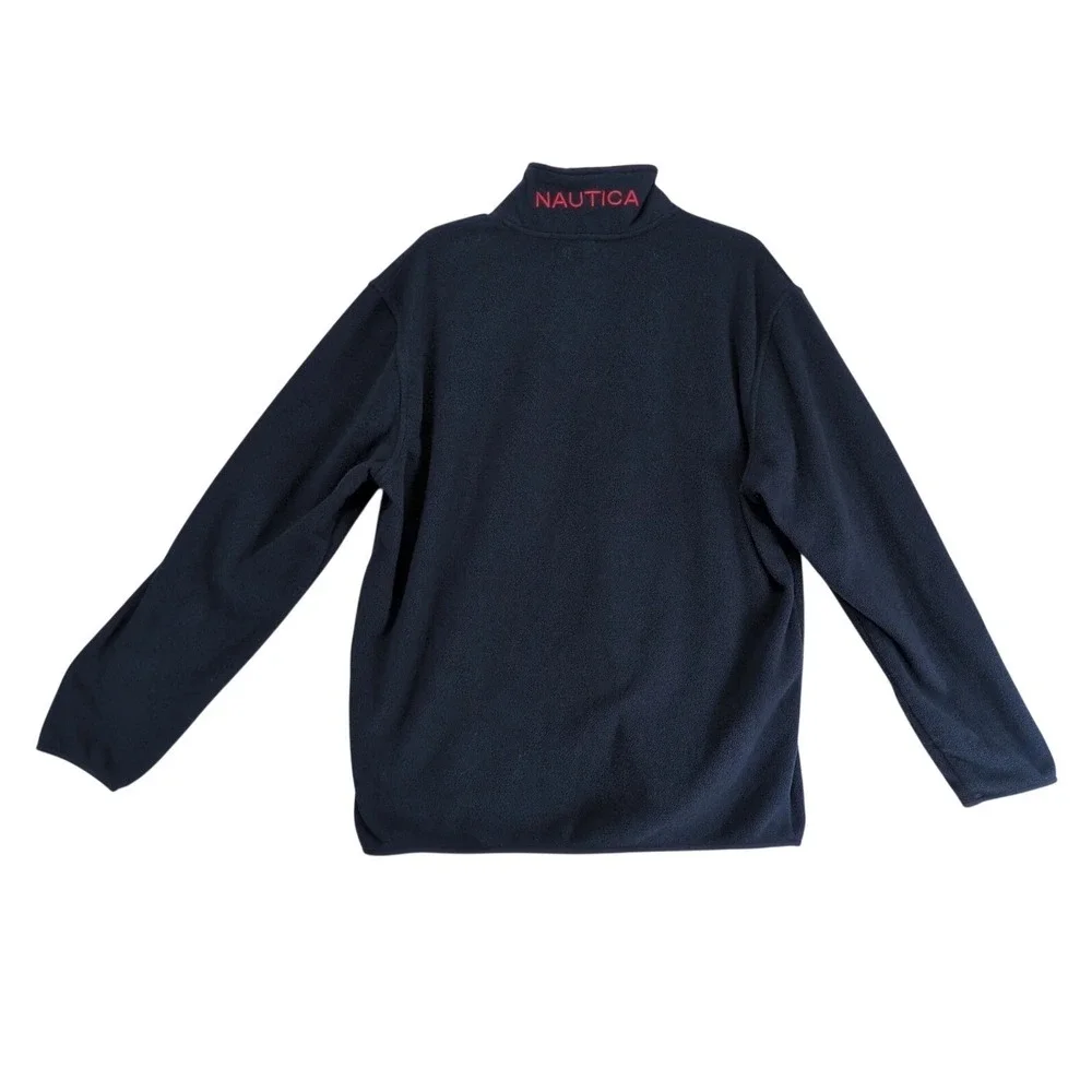 Nautica Blue Fleece Jacket Mens L 1/4 Zip Pullover Red Embroidered Logo‎ Coastal